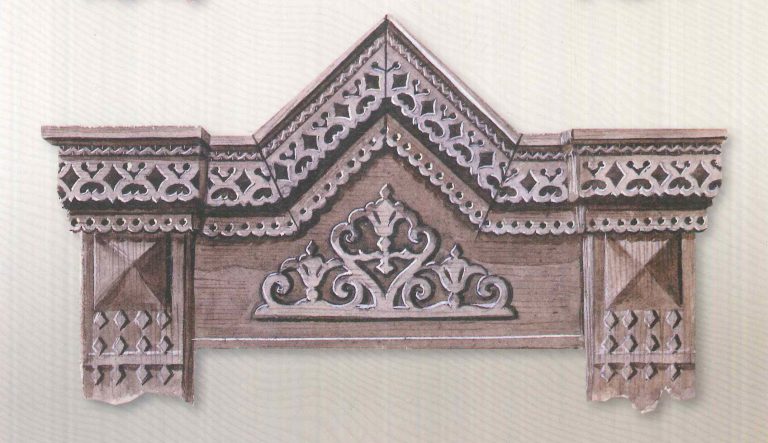 Window carved hood mould pediment. <br/>First half of 20th century