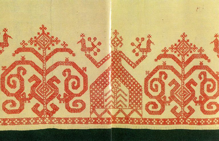 "Maiden mothers" and a "maiden" on the hem of an Olonets woman's shirt. <br/>Second half of   19th century