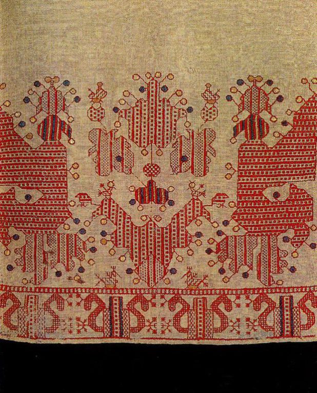 "Sun chariot" with birds on the hem of a Kargapol woman's skirt