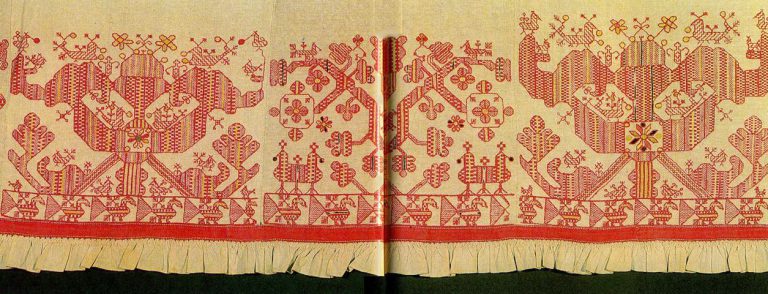 Tree of Life, "sun chariot", "maidens" and various solar symbols on the hem of a woman's shirt. Second half of   19th century