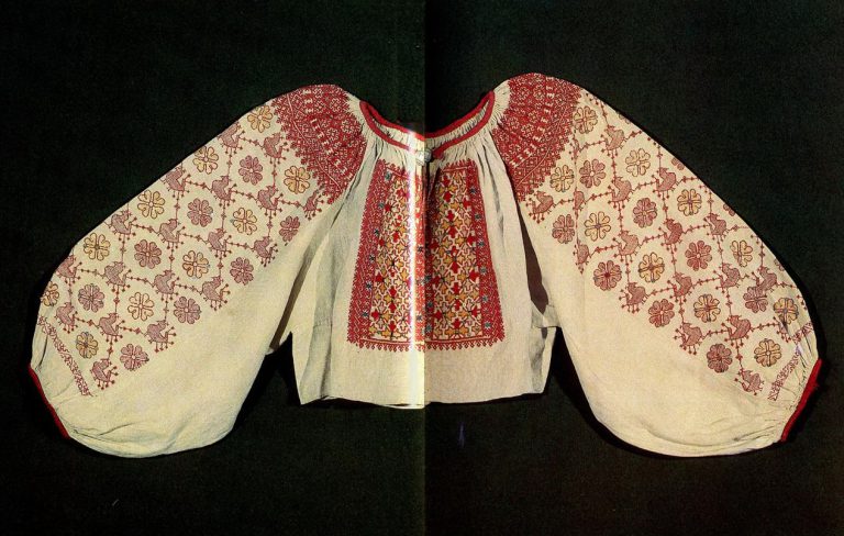 Bodice of a Kargapol  woman's shirt embroidered with solar symbols. Mid-19th century