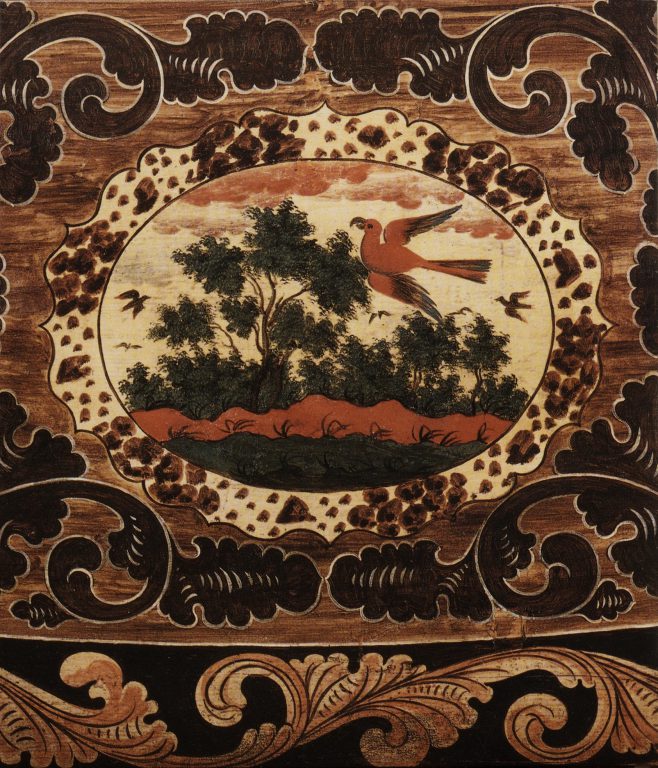 Table of wood with painted decoration. Detail. <br/>Early 18th century