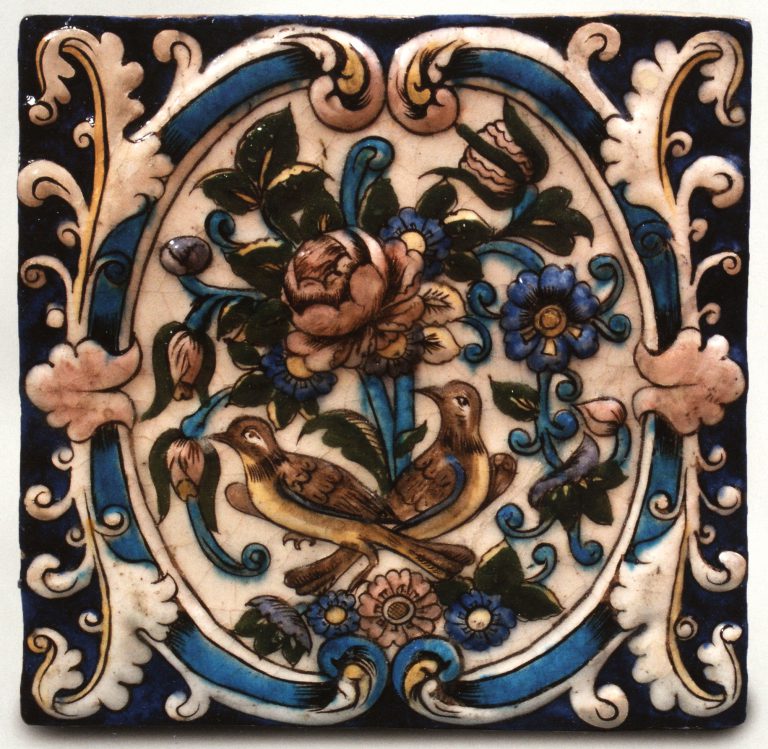 Decorative ceramic tiles. Multicoloured relief ornament with plants and animals. <br/>Late 19th century - early 20th century