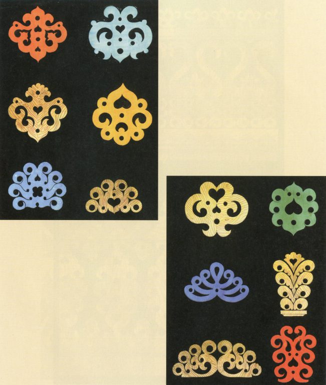 Samples of patterns on towels and gate posts. <br/>Late 19th century - early 20th century