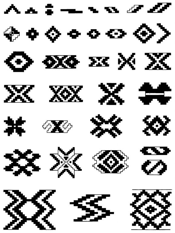 Samples of decorative patterns in clasped weaving