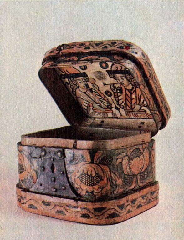 Korobeyka  (bast box). Streltsy (Russian firearm infantry) are painted on the inner side of its cover.