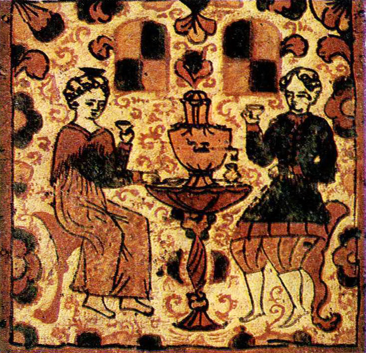 Ceremonial tea drinking. Fragment of box painting