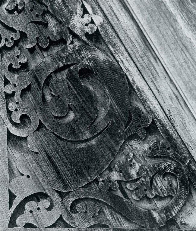 Wood carving of left gable. Detail. <br/>Late 19th century - early 20th century