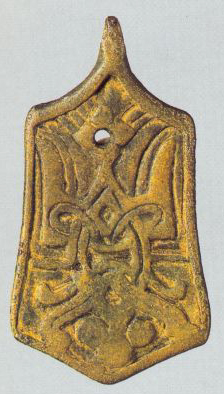 Trapezoidal pendant with Rurikovich symbol. <br/>11h century