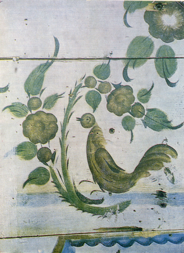 Brown cock on a branch. Painting on a wall panel. Fragment. 1900 years