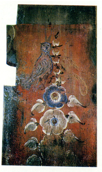 An owl and a peacock on a blooming tree. Stove board painting