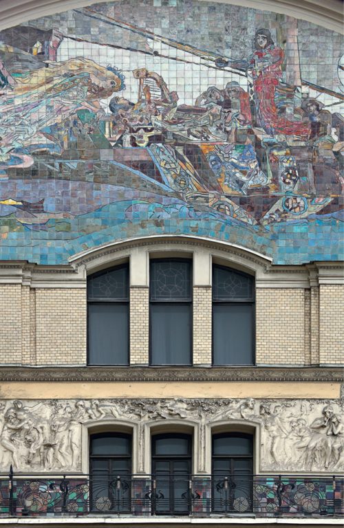 'The Princess Far-Away' majolica panel on the main facade of the Metropol Hotel