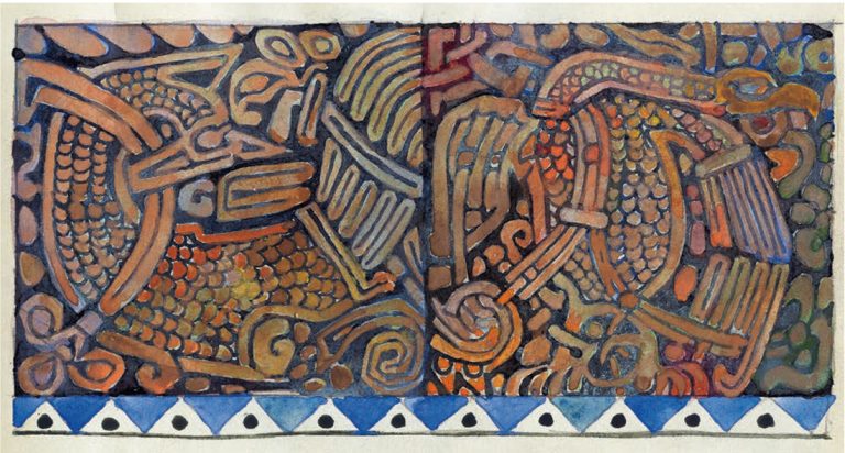 Sketch of two ceramic tiles with images in teratological style. <br/>Mid — second half of the 1900 years