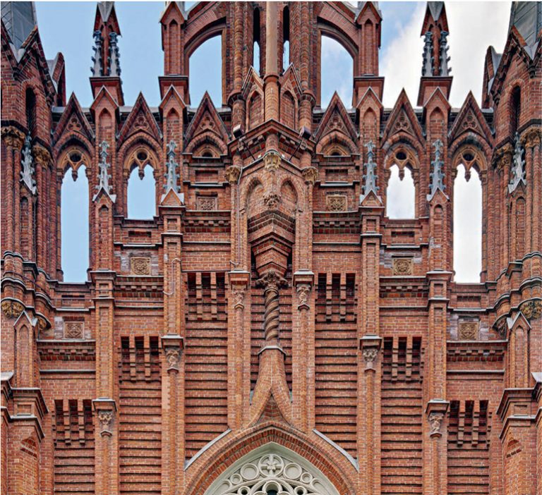 Decorative terracotta elements on the facades of the Cathedral of the Immaculate Conception of the Holy Virgin Mary