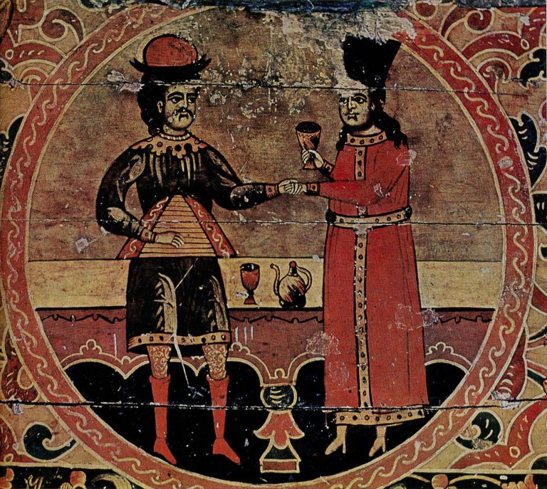 Treasure chest painting depicting Sadko and Chernava. Fragment