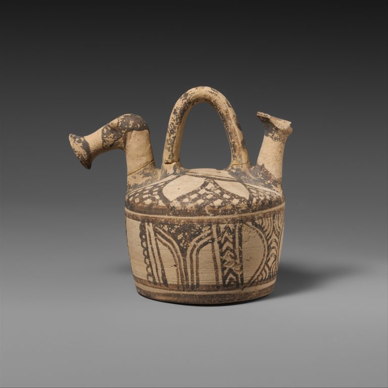 Terracotta askos (flask with spout and handle over the top)