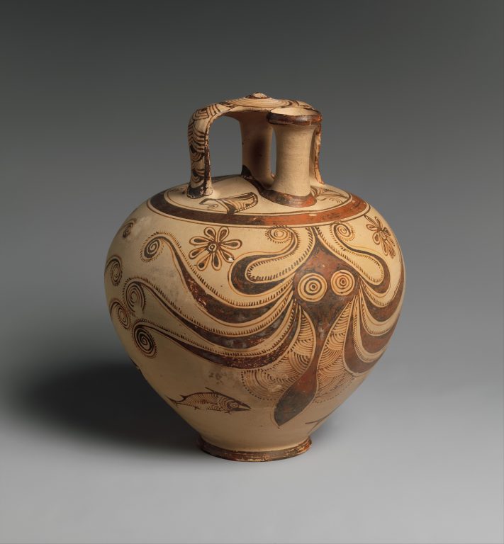 Terracotta stirrup jar with octopus