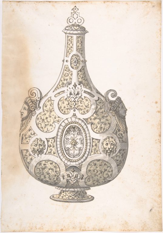 Design for a Silver- gilt Flask Decorated with Strapwork, Masks, Moresques