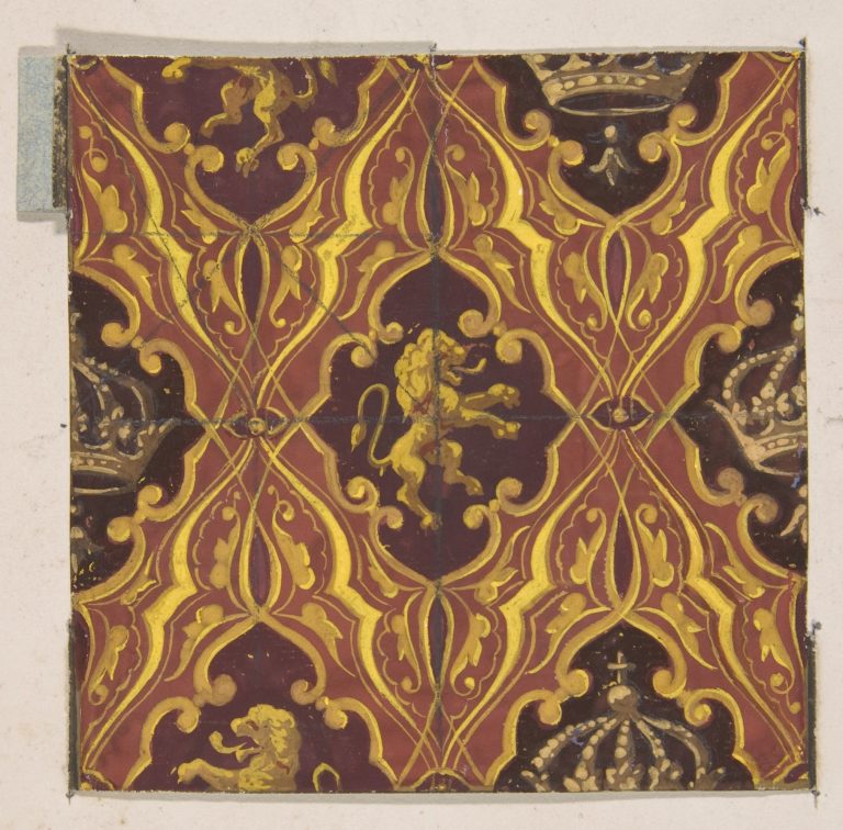 Design for wallpaper featuring rampant lions and crowns