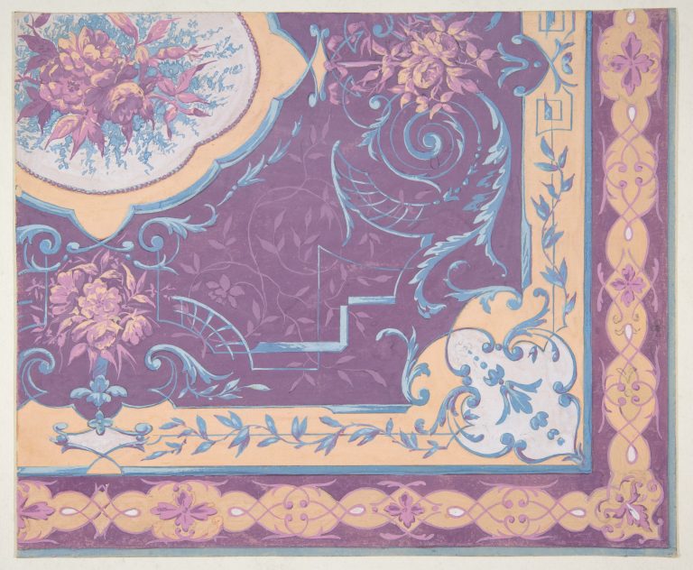 Wallpaper design featuring bouquets of roses, strapwork, and rinceaux