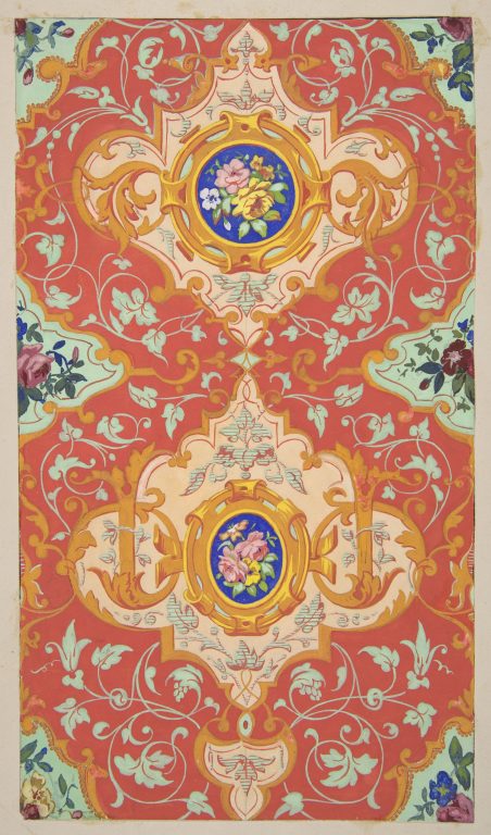 Design for wallpaper featuring strapwork, rinceaux, and cartouches filled with bouquets of roses
