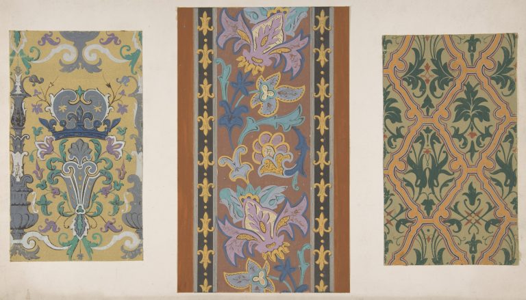 Three designs for wallpaper featuring strapwork, rinceaux, and fleurs-de-lis