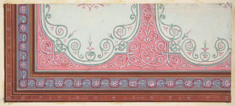Partial design for the decoration of a ceiling with scrollwork and a border of ribbons and berries