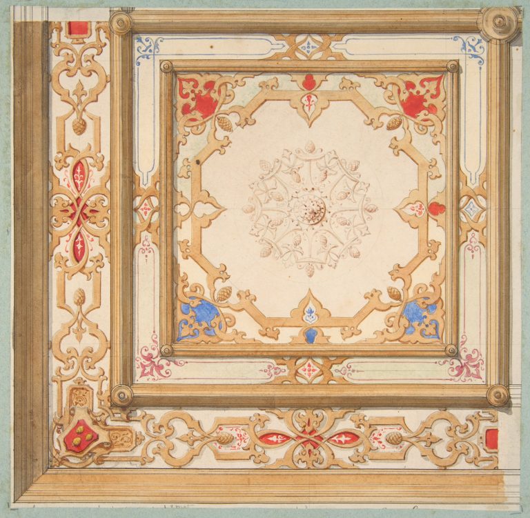 Partial design for a ceiling painted in strapwork and pine cone motifs