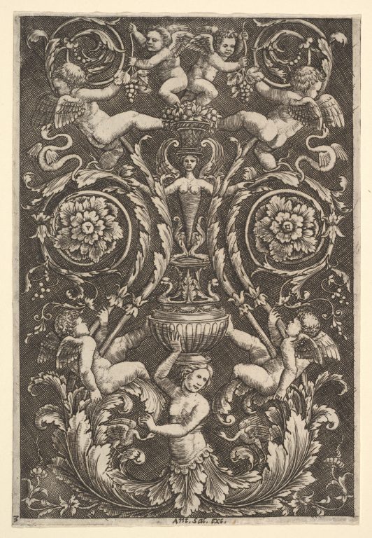 A panel of ornament with putti and other figures