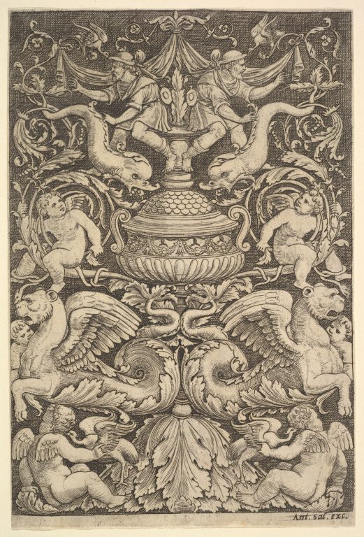 A panel of ornament with a large jar in centre, putti and other figures