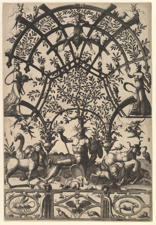 Personification of Earth, with Spade and Horn, Supporting a Tree and Lattice on His Head, A Frieze underneath from Veelderleij niewe inventien van antijckesche sepultueren diemen nou zeere ghebruijkende is met noch zeer fraeije grotissen en compertimenten zeer beqwame voer beeltsniders antijcksniders schilders en all constenaers...Libro Secundo