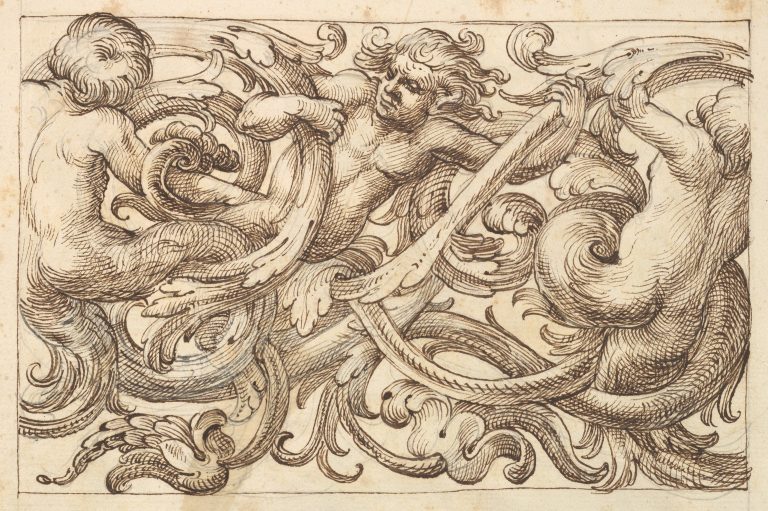 Horizontal Panel Design with Three Male Figures Interspersed between Acanthus Rinceaux