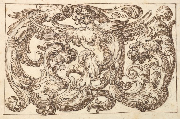 Horizontal Panel Design with a Female Figure and Two Fantastical Creatures Interspersed between Acanthus Rinceaux