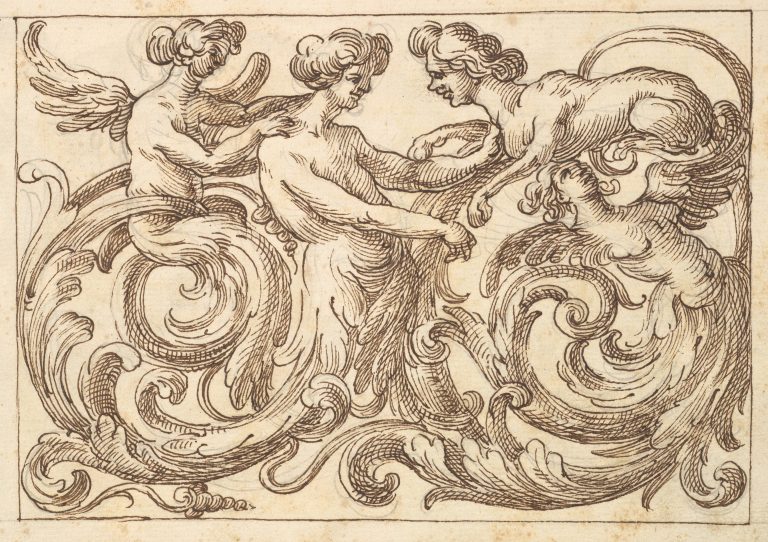 Horizontal Panel Design with a Three Androgynous Figures and a Sphinx Combined with Acanthus Rinceaux