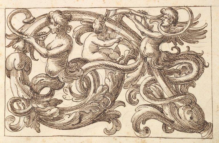 Horizontal Panel Design with Two Male Figures and a Putto Interspersed between Acanthus Rinceaux