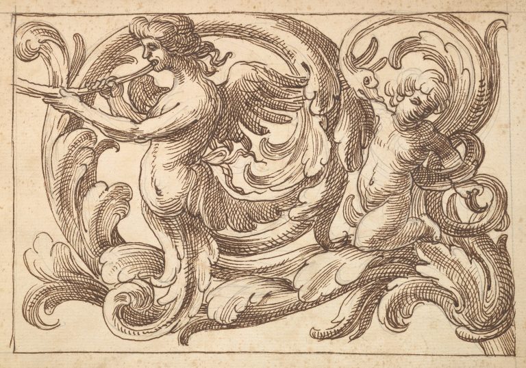 Horizontal Panel Design with a Male Figure, a Putto and a Snake Interspersed between Acanthus Rinceaux