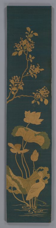 Panel with egret, lotus, and blossoming tree branch