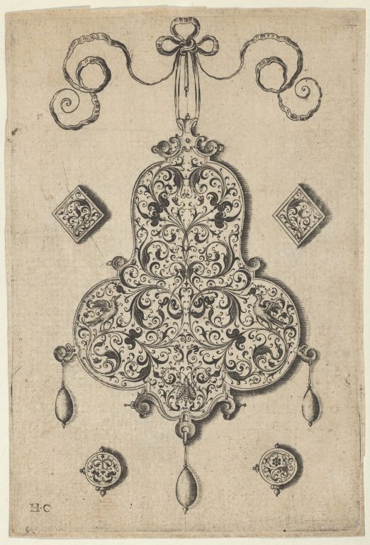 Design for the Verso of a Pear-Shaped Pendant Flanked by Lozenge Ornaments and Circular Ornaments Below