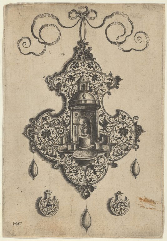 Pendant Design with a Circular Temple and Burning Pot Above Axe-Shaped Ornaments