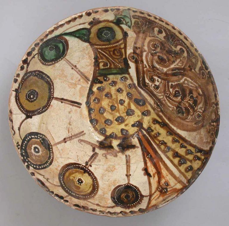 Bowl, Earthenware with White slip and Polychrome Decoration.