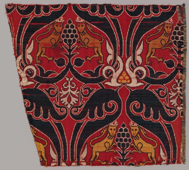 Silk Fragment with Lions and Pomegranates