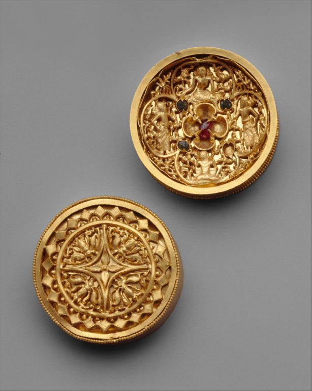 Pair of Earplugs Ornamented with Figures and Inlaid Stones