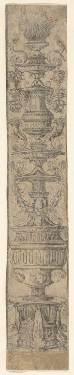 Decorative border panel with a flaming candelabra ornamented with shells, swags and heads of putti, from Life of the Virgin and Christ