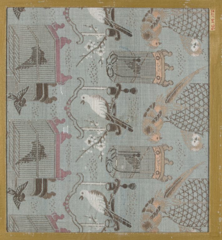 Textile fragment with incomplete repeating pattern of birds and bird cages