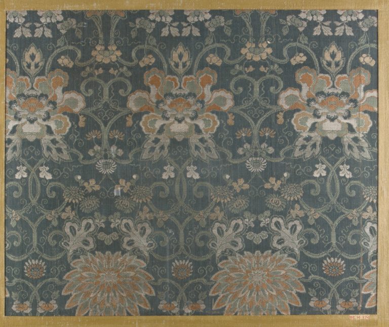 Textile fragment with repeating pattern of chrysanthemums and peonies in floral arabesque