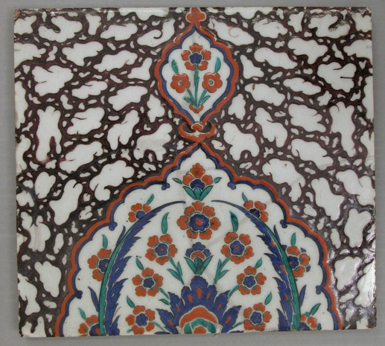 Tile with Floral Cartouche Design on Ebru (Marble Imitation Pattern) Background