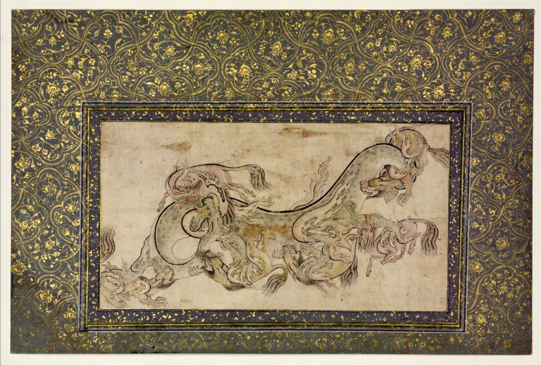 Chilins (Chinese Chimerical Creatures) Fighting with a Dragon