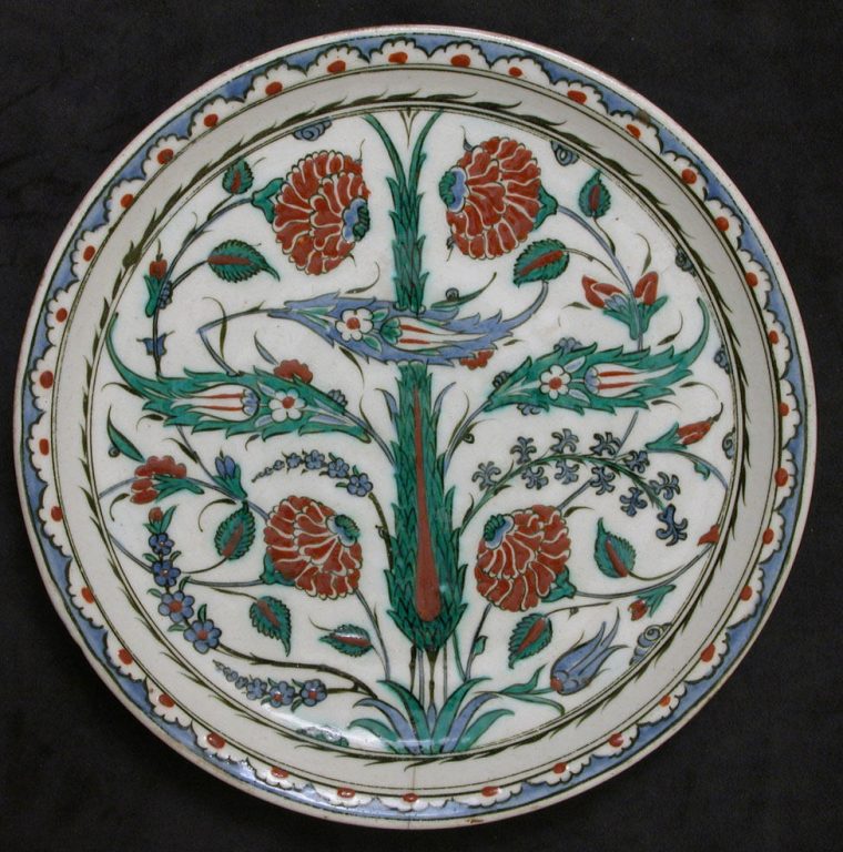 Dish with Cypress Tree, Saz Leaves, and Roses